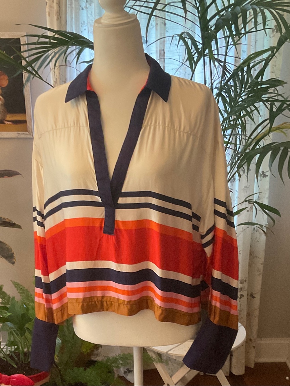 Anthropologie Striped V-Neck Blouse in Cream, Red, Navy & Pink